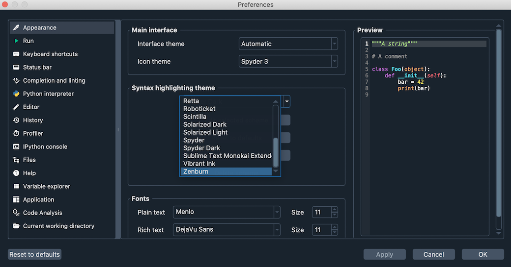 Spyder showing theme selection