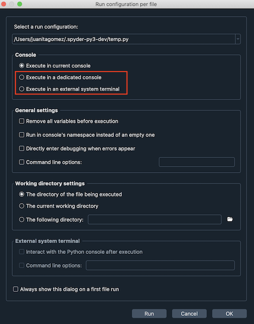 Spyder showing run configuration options