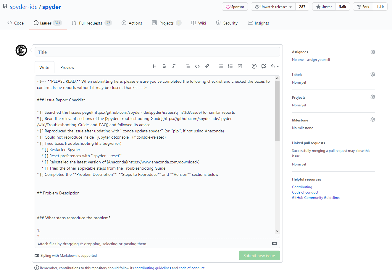 GitHub page on Spyder's issue template