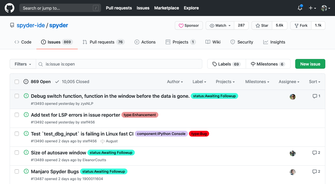 GitHub page on Spyder's issue tracker