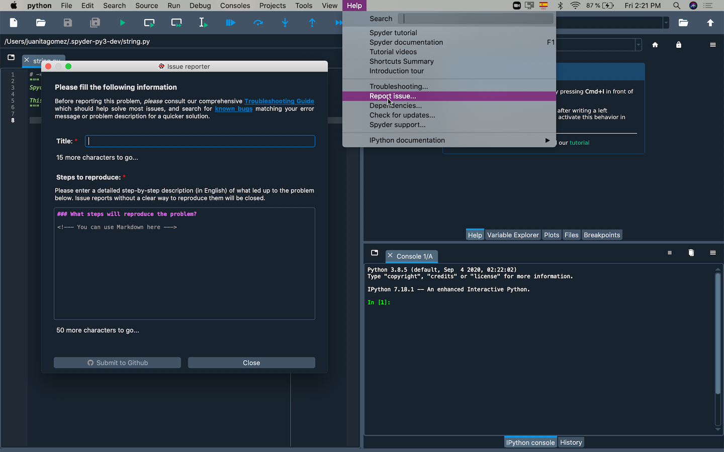 GitHub page on Spyder's issue tracker